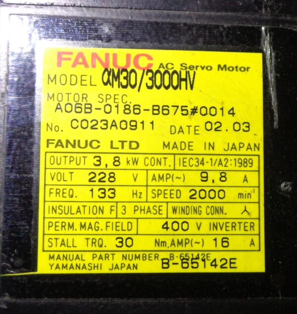 REPAIRED FANUC A06B-0186-B675#0014 AC SERVO MOTOR 2000RPM - Image 5