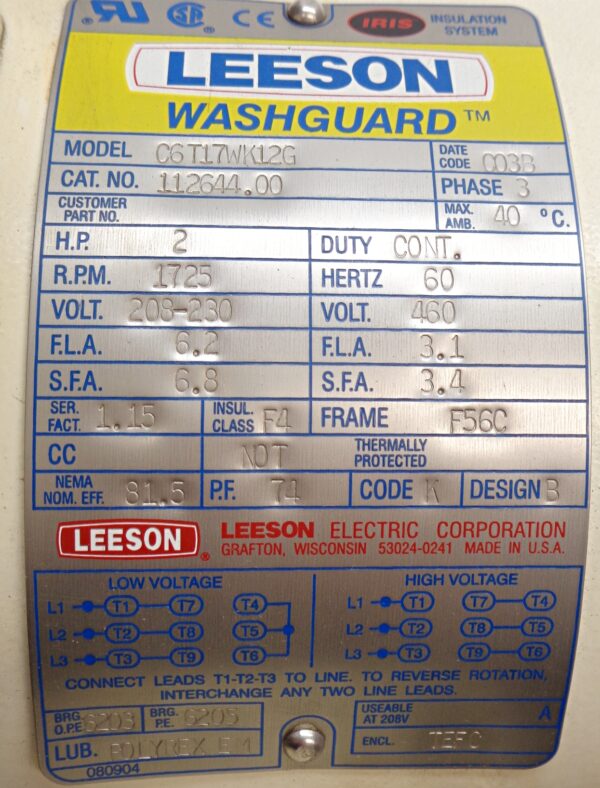 LEESON C6T17WK12G WASHGUARD MOTOR, 2HP 1725RPM FR: F56C, 112644.00 - Image 5