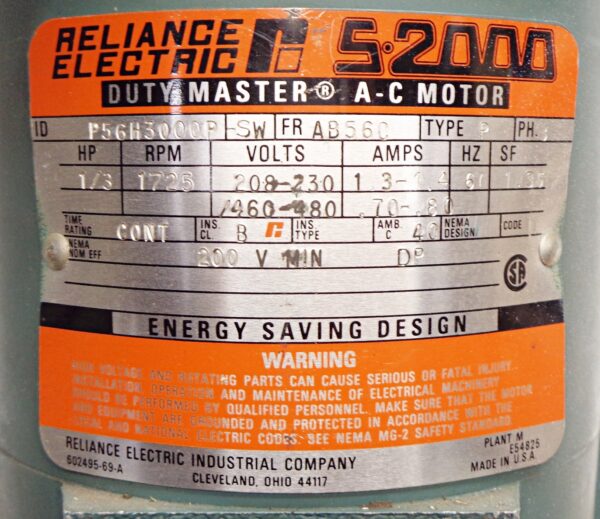 RELIANCE P56H3000P MOTOR 1/3HP 1725RPM FR: AB56C, P56H3000P-SW - Image 5