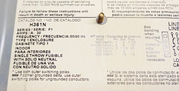 SQUARE D H361N SER F1 HEAVY DUTY SAFETY SWITCH, 30AMP 600VAC/DC - Image 4