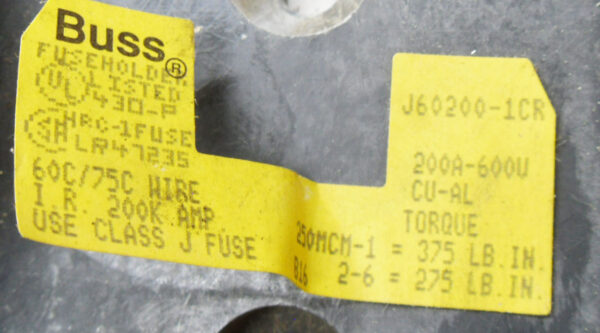 LOT OF 3 BUSS J60200-1CR FUSE HOLDER 200AMP 600V 1POLE - Image 5