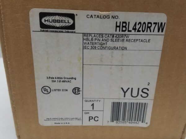 NEW HUBBELL HBL420R7W PIN AND SLEEVE RECEPTACLE, WATERTIGHT 20A 480VAC - Image 6