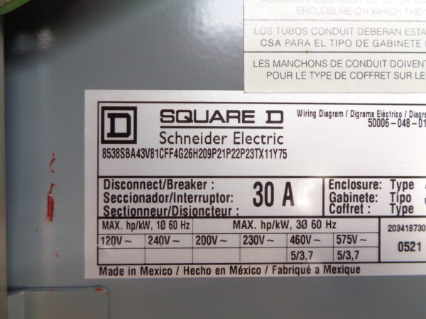 NEW SQUARE D 8538SBA43V81CFF4G26H /D BREAKER COMB MOTOR CONTROLLER W/ DISCONNECT - Image 9