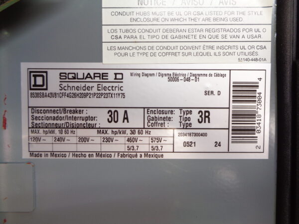 NEW SQUARE D 8538SBA43V81CFF4G26H /D BREAKER COMB MOTOR CONTROLLER W/ DISCONNECT - Image 10