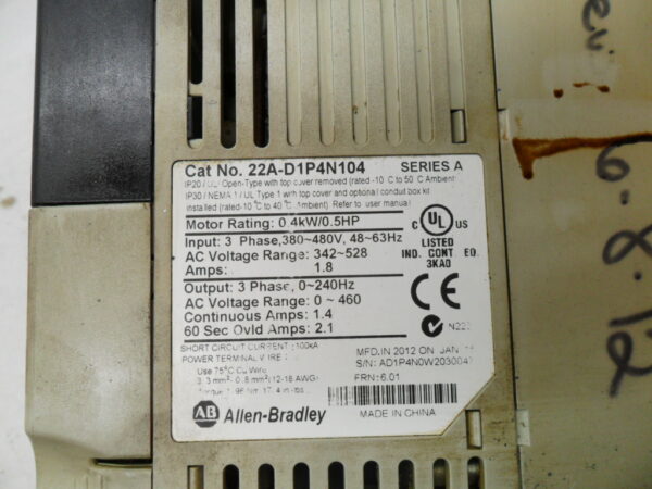 ALLEN BRADLEY 22A-D1P4N104 /A POWERFLEX 3PH 48-63HZ 1.8A 48-63HZ - Image 6