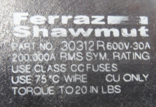 FERRAZ SHAWMUT 30312R FUSE HOLDER 600V 30/200A W/ 2X ATQR8/10 AMP-TRAP 2000 FUSE - Image 5
