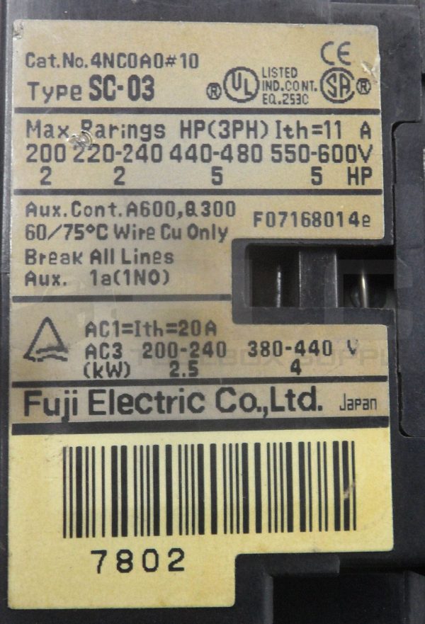 FUJI ELECTRIC CO SC-03 CONTACTOR 3PH W/ FUJI TR-0N OVERLOAD RELAY 1.7-2.6A 600V - Image 5
