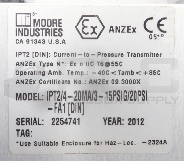 MOORE INDUSTRIES IPT2/4-20MA/3-15PSIG/20PSI-FA1 CURRENT/PRESSURE TRANSMITTER - Image 5