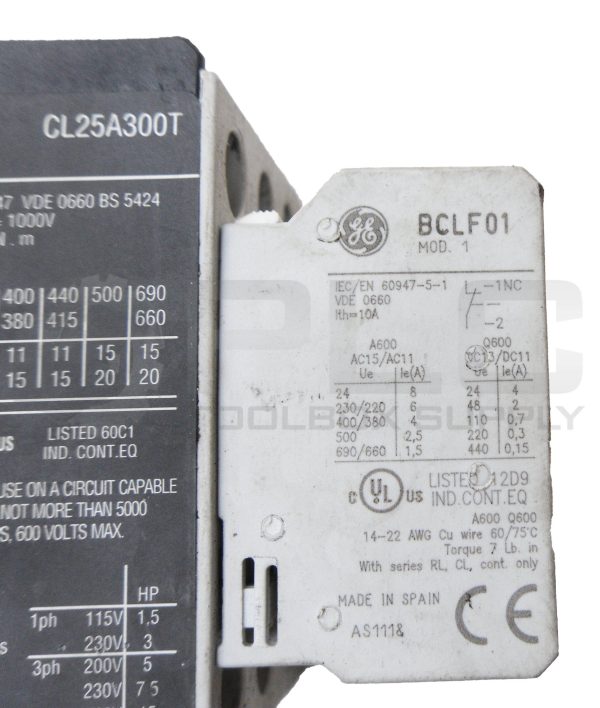 GENERAL ELECTRIC CL25A300T CONTACTOR 600VAC 32A 50/60HZ W/ BCLF01 W/ BCLF10 - Image 5