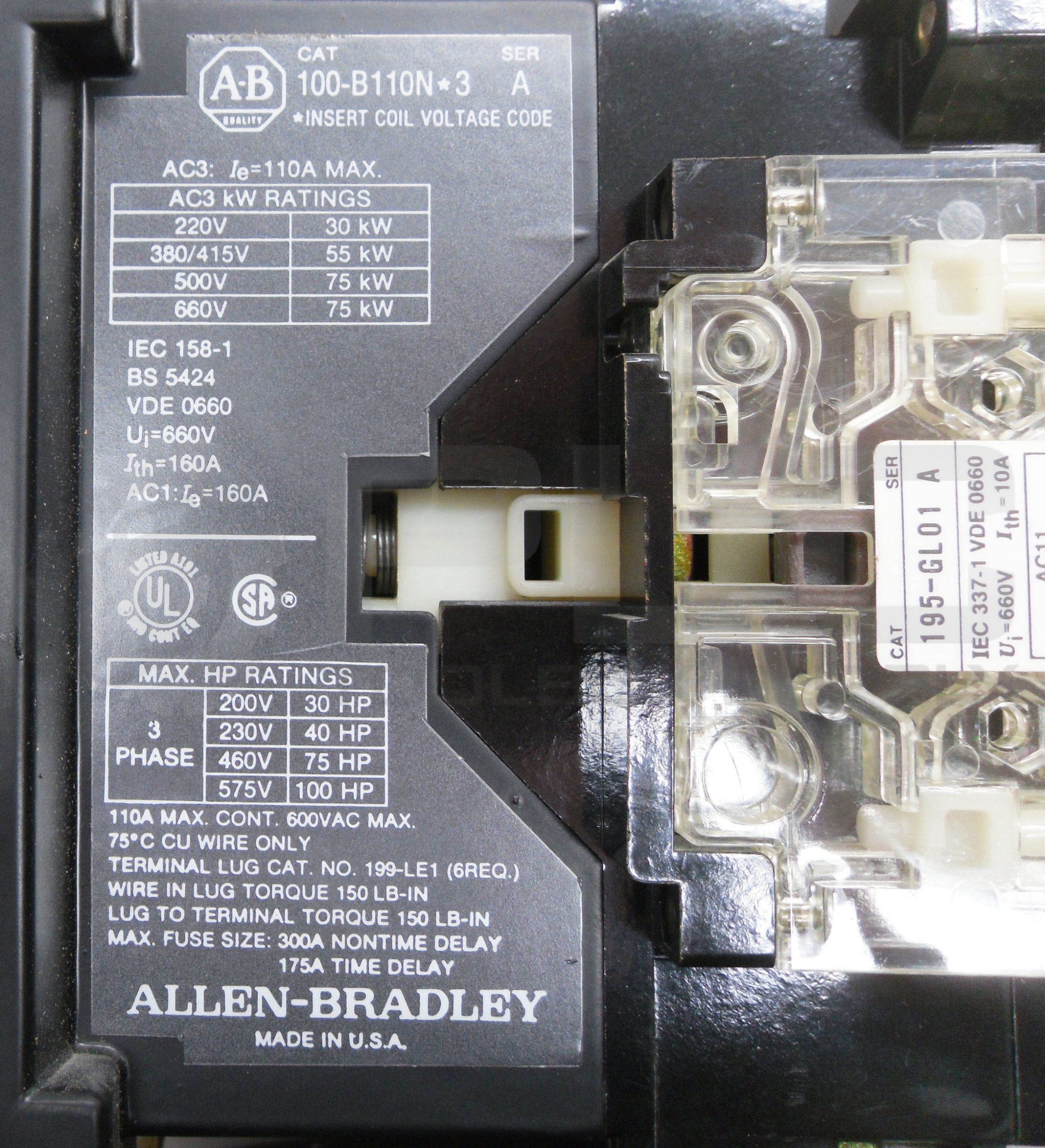 ALLEN BRADLEY 100-B110N*3 /A CONTACTOR 3PH 600VAC - PLC Toolbox Supply