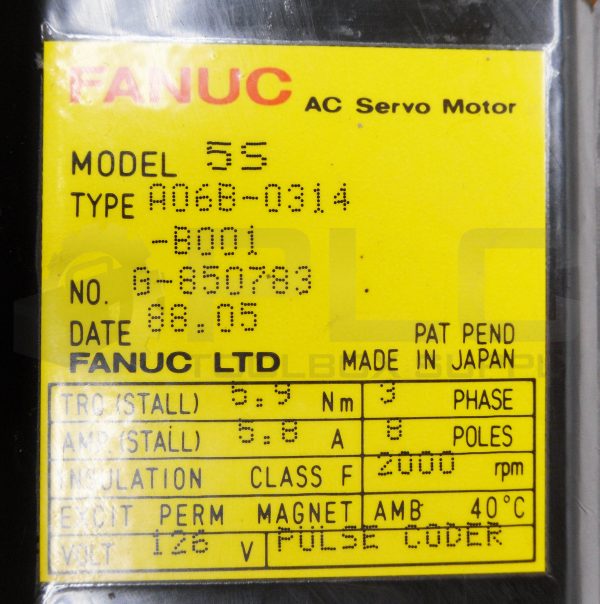 FANUC A06B-0314-B001 AC SERVO MOTOR 3PH 8 POLES 2000RPM 5.8A MODEL 5S - Image 5