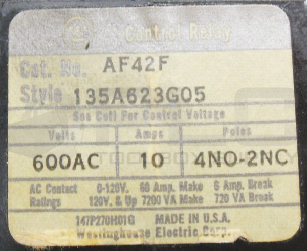 NEW WESTINGHOUSE AF42F CONTROL RELAY 600VAC 10A 135A623G05 *READ* - Image 5