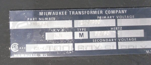 MILWAUKEE TRANSFORMER CO 100950 TRANSFORMER 480V 50/60HZ TYPE M - Image 4