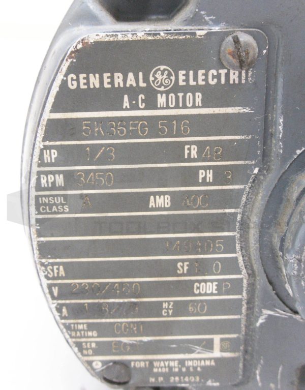GENERAL ELECTRIC 5K36FG516 AC MOTOR 1/3HP FR:48 3450RPM 3PH - Image 5