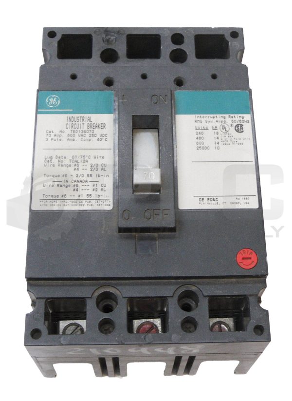 GENERAL ELECTRIC TED136070 INDUSTRIAL CIRCUIT BREAKER 70A 600VAC 250VDC 3 POLE