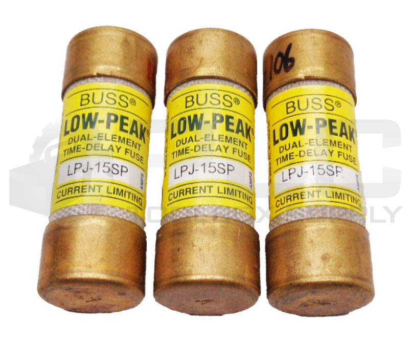 LOT OF 3 NEW BUSSMANN LPJ-15SP LOW-PEAK FUSES 600VAC - PLC Toolbox Supply