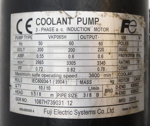 FUJI ELECTRIC VKP065H COOLANT PUMP 3345RPM 220V 50/60HZ 3PH - Image 6