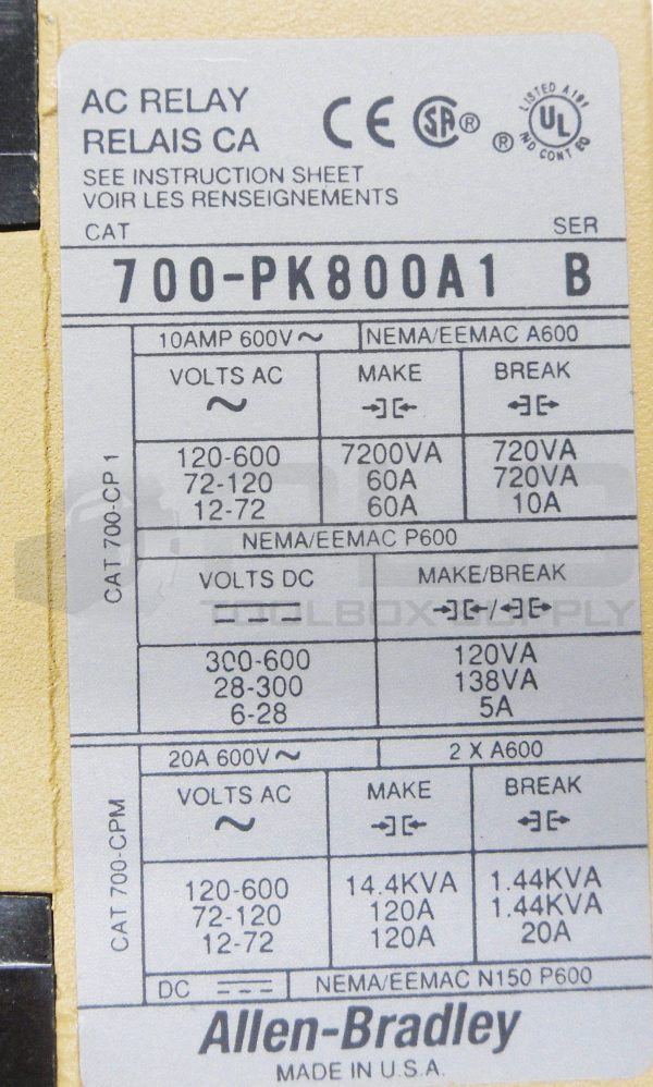 NEW ALLEN BRADLEY 700-PK800A1 /B CONTROL RELAY 115-120V 50/60HZ *READ* - Image 5