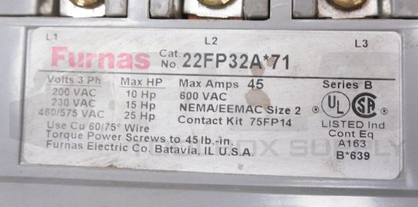 FURNAS 22FP32A*71 REVERSING STARTER 3PH 600VAC 25HP 25A 22FP32A - Image 5