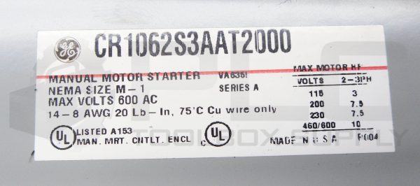 GENERAL ELECTRIC CR1062S3AAT2000 /A MANUAL MOTOR STARTER W/ CR1062S3AAT1000 - Image 7