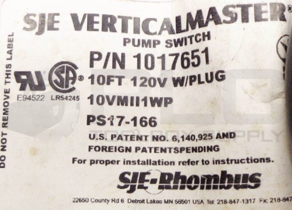 NEW SJE-RHOMBUS PS17-166 / 1017651 / 10VMII1WP VERTICALMASTER II PUMP SWITCH - Image 3