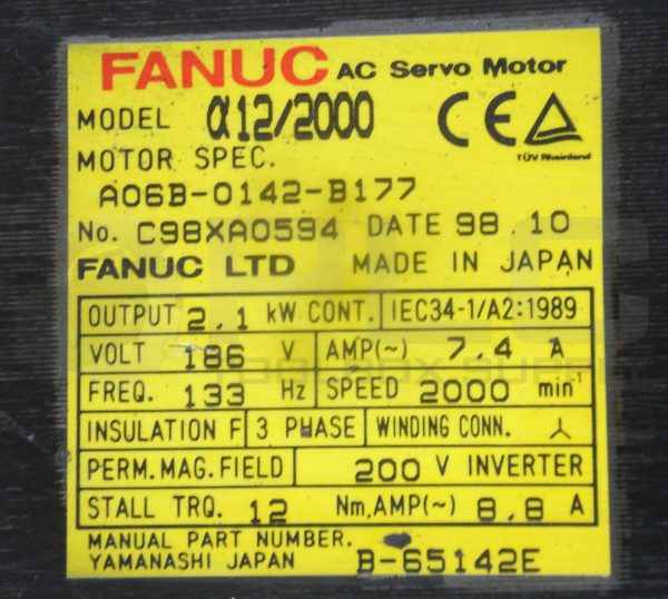 FANUC A06B-0142-B177 SERVO MOTOR C98XA0594 2.1KW 7.4A 186V 133HZ *PARTS ONLY* - Image 6