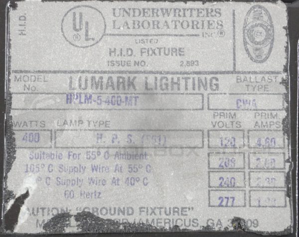 NEW LUMARK LIGHTING HPLM-5-400-MT HID LIGHT FIXTURE 400W 120/208/240/277V *READ* - Image 8