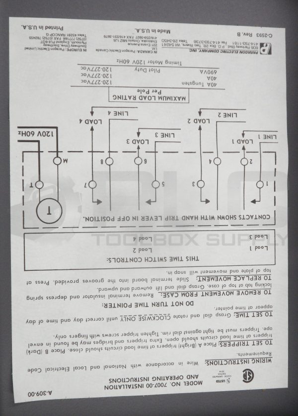 PARAGON ELECTRIC 7007-00 TIMING MOTOR A-309-00 120V 60HZ C-2593 REV.B - Image 4