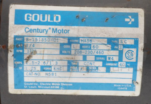 GOULD 8-151350-01 CENTURY MOTOR HA56 FRAME 3/4HP 60HZ 1725RPM 208-230/460V - Image 6
