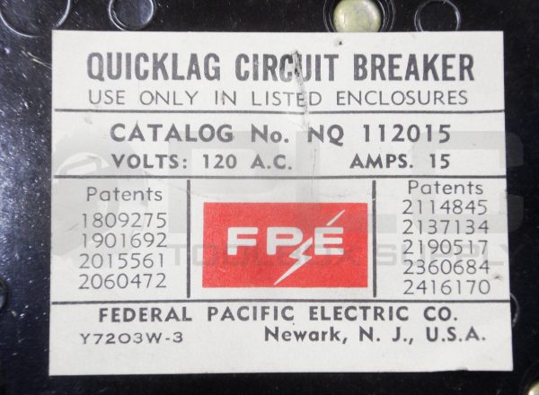 FEDERAL PACIFIC ELECTRIC CO NQ112015 QUICKLAG CIRCUIT BREAKER 15 AMP 120VAC - Image 5