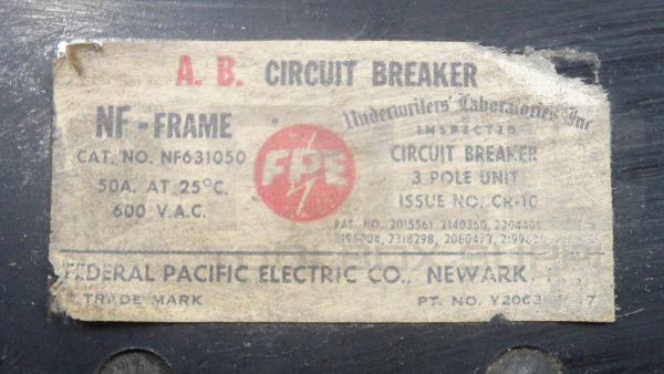 FEDERAL PACIFIC ELECTRIC CO NF631050 CIRCUIT BREAKER 50 AMP 600VAC 3 POLE - Image 4