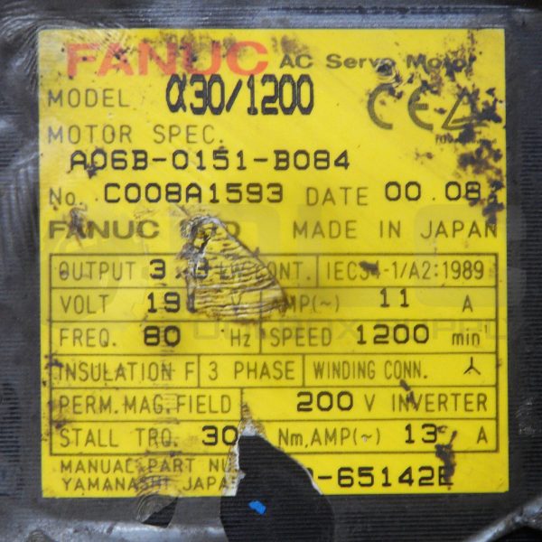 FANUC A06B-0151-B084 SERVO MOTOR 191V 11A 80HZ 1200RPM C008A1593 - Image 6