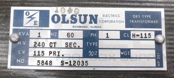 OLSUN 5848 S-12035 DRY TYPE TRANSFORMER 60HZ 1PH 115V - Image 5