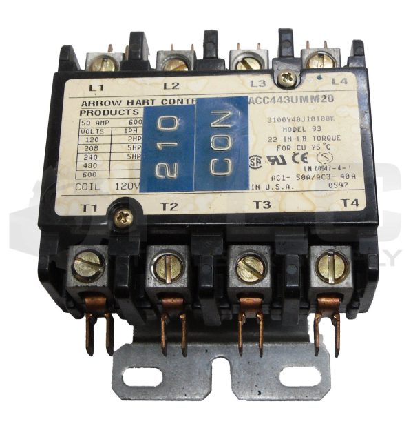 ARROW HART CONTROLS ACC443UMM20 CONTACTOR 600V 50A MODEL 93