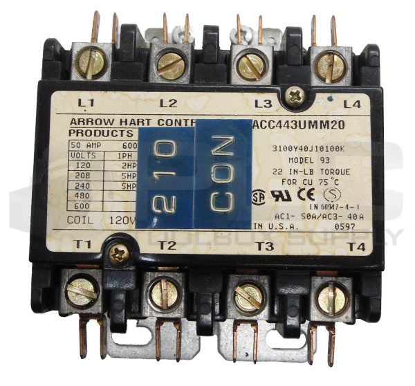 ARROW HART CONTROLS ACC443UMM20 CONTACTOR 600V 50A MODEL 93 - Image 2