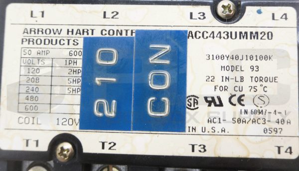 ARROW HART CONTROLS ACC443UMM20 CONTACTOR 600V 50A MODEL 93 - Image 4