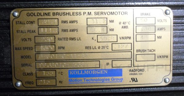 KOLLMORGEN B-604-C-A1-B2 BRUSHLESS PM SERVO MOTOR 4300RPM 215HZ 114.8A - Image 5