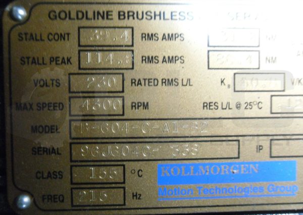 KOLLMORGEN B-604-C-A1-B2 BRUSHLESS PM SERVO MOTOR 4300RPM 215HZ 114.8A - Image 6