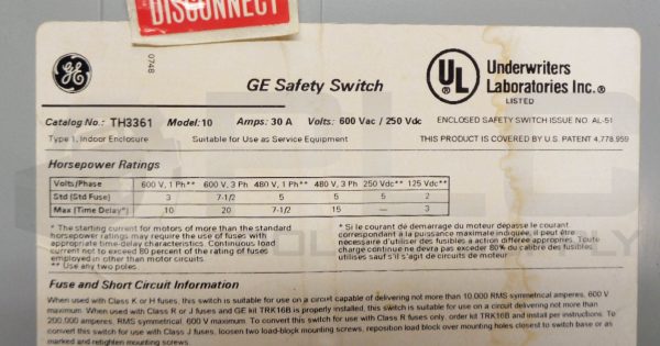 GE GENERAL ELECTRIC TH3361 SAFETY SWITCH, MODEL 10, 30AMP, 600VAC/250VDC - Image 5