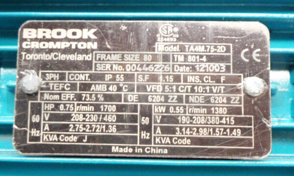 NEW BROOK CROMPTON TA4M.75-2D MOTOR 3PH FR:80 TM 801-4 0.75 HP - Image 5