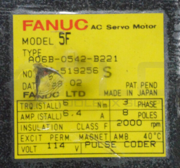 FANUC A06B-0542-B221 AC SERVO MOTOR MODEL 5F 6NM 6.4A 3PH 8P 2000RPM 114V - Image 5