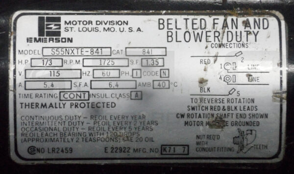 EMERSON S55NXTE-841 MOTOR 1/3HP 1725RPM 115V 60HZ 5.4A - Image 5