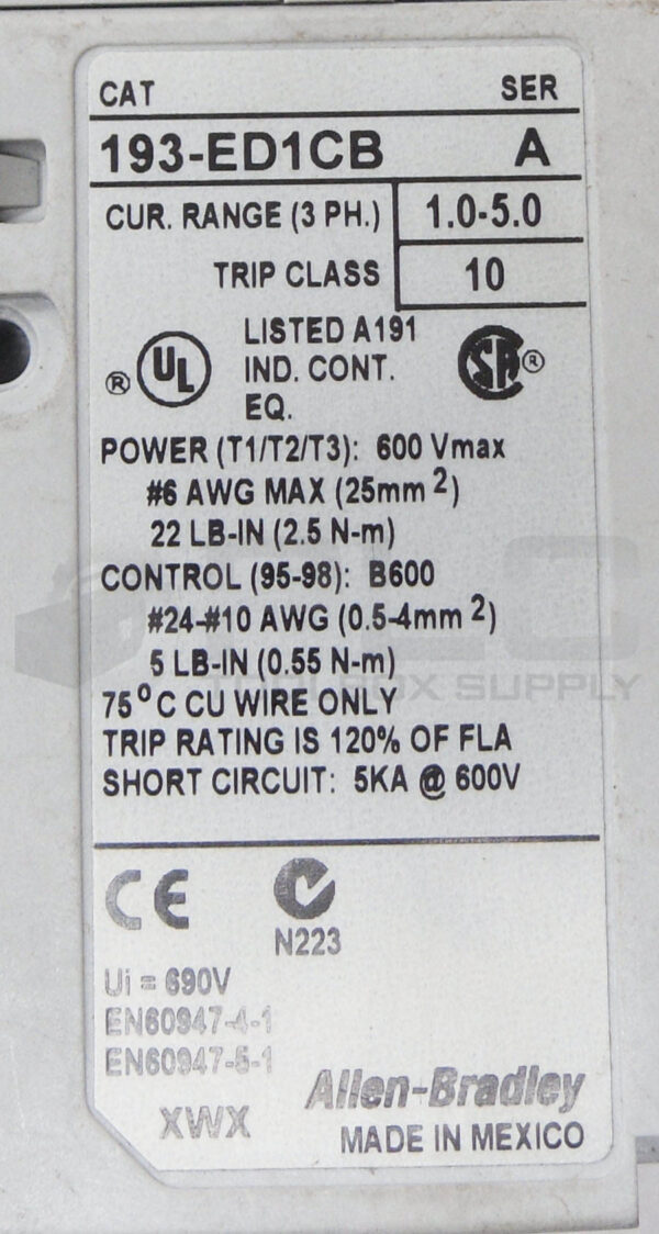 NEW ALLEN  BRADLEY 193-ED1CB /A OVERLOAD RELAY 1.0-5.0A 600V - Image 4