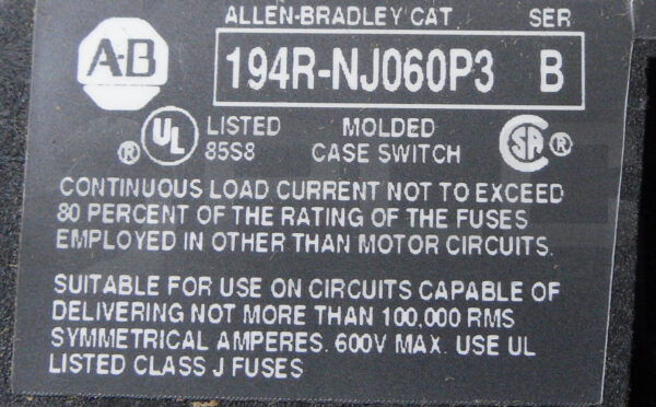 NEW ALLEN BRADLEY 194R-NJ060P3 /B FUSED DISCONNECT SWITCH 3P 60A 600V - Image 6