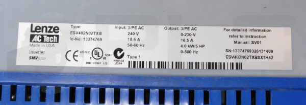 LENZE ESV402N02TXB FREQUENCY INVERTER DRIVE 240V 18.6A 50/60HZ *READ* - Image 5