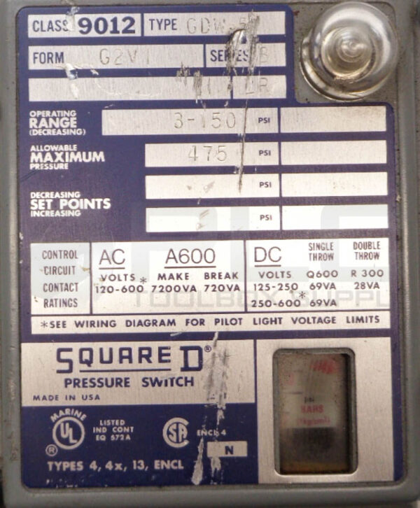 NEW SQUARE D 9012 GDW-5 SER B PRESSURE SWITCH 3-150PSI - Image 6