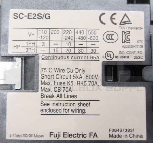FUJI ELECTRIC SC-E2S/G CONTACTOR 600V 70A W/ A1DC24VA2 COIL 24VDC - Image 6