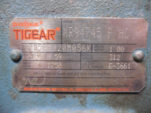 DODGE TIGEAR MR94745 GEAR REDUCER 0.59HP 1750RPM 0150B020M56K - Image 6