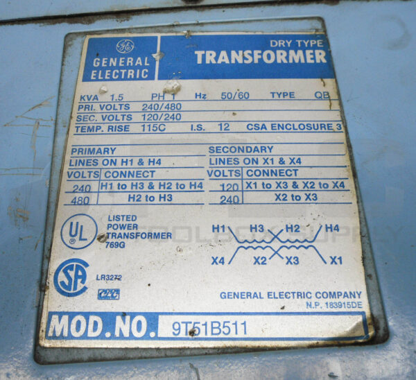 GENERAL ELECTRIC 9T51B511 DRY TYPE TRANSFORMER 1.5KVA - Image 5
