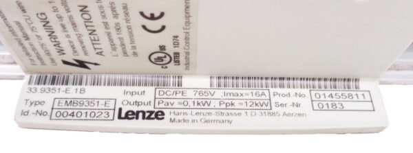 LENZE EMB9351-E INVERTER BRAKING MODULE 00401023 01455811 33.9351-E.1B *READ* - Image 2